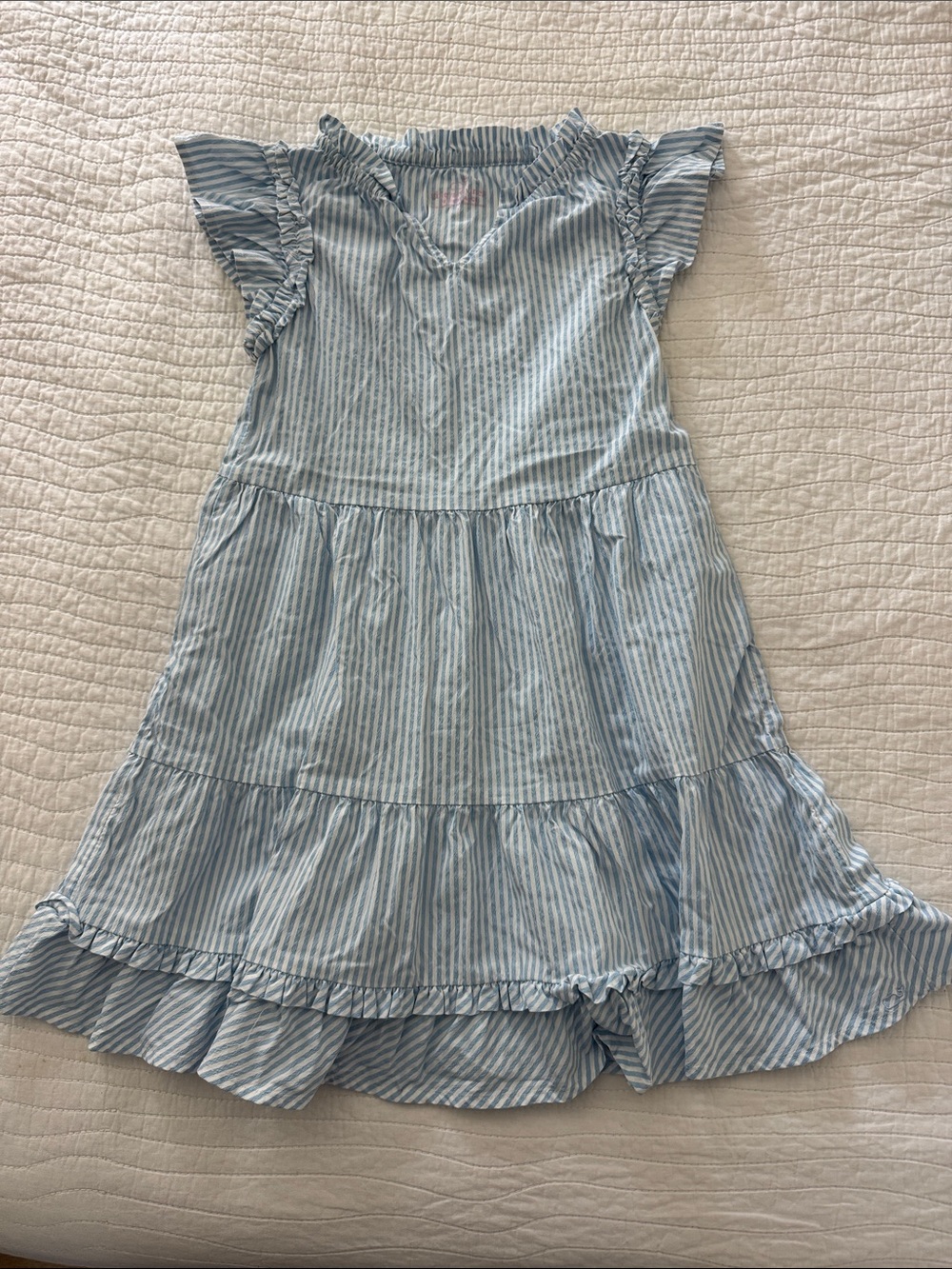 Vineyard Vines Performance Blue and White Striped Ruffle Tiered Dress - Girls 7
